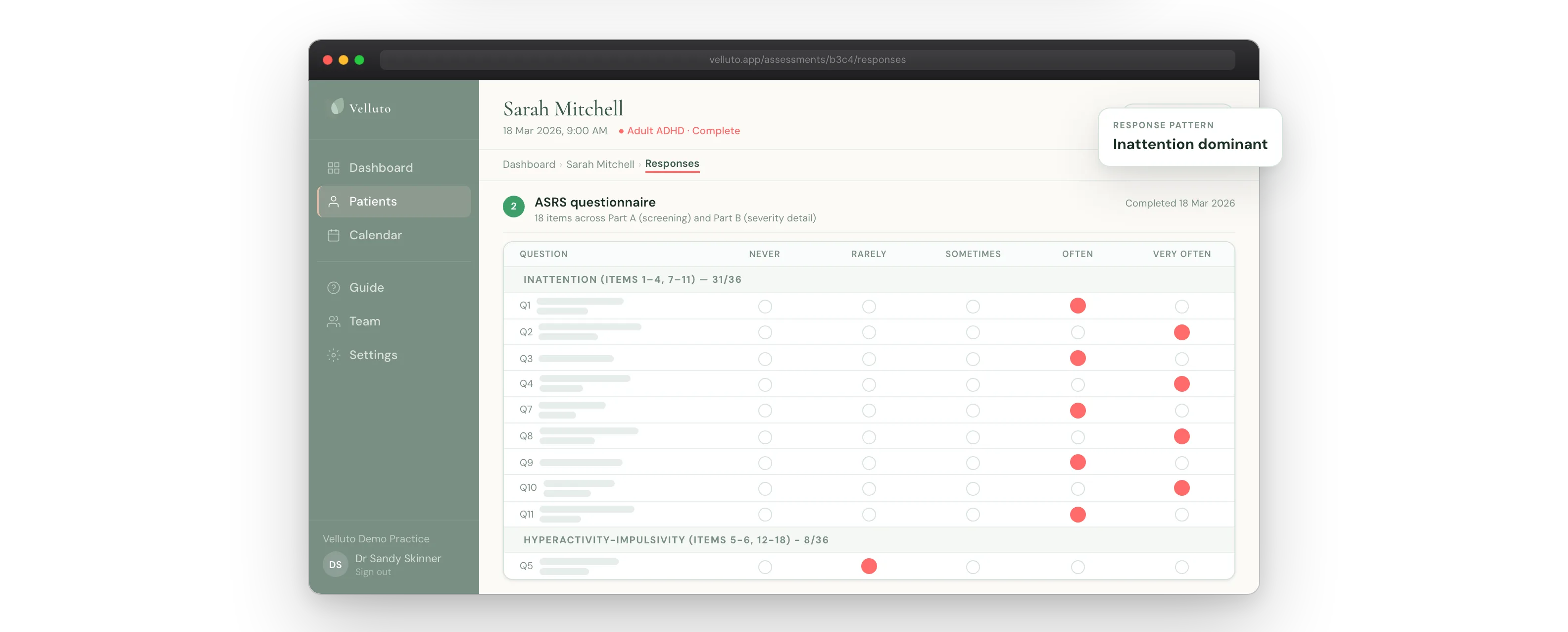 ASRS v1.1 scored responses as a GP sees them in the Velluto dashboard, including subscale breakdown