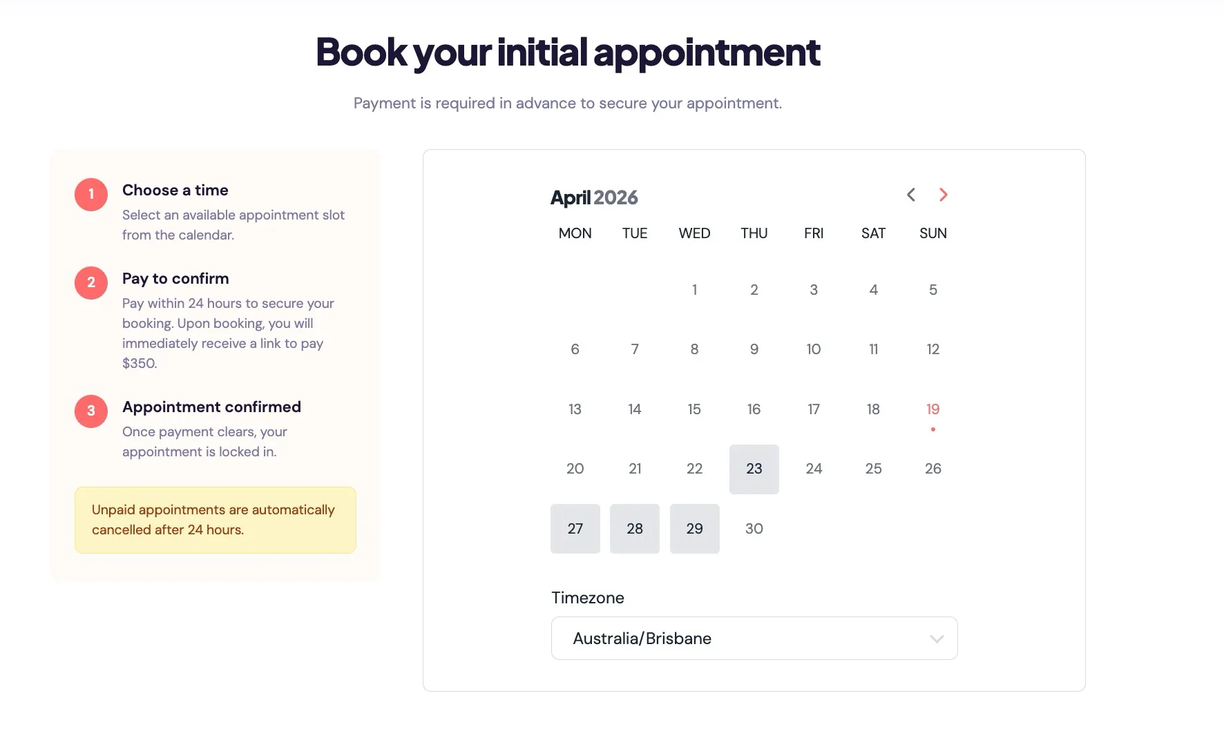 Online booking calendar for ADHD assessment showing appointment steps and payment confirmation