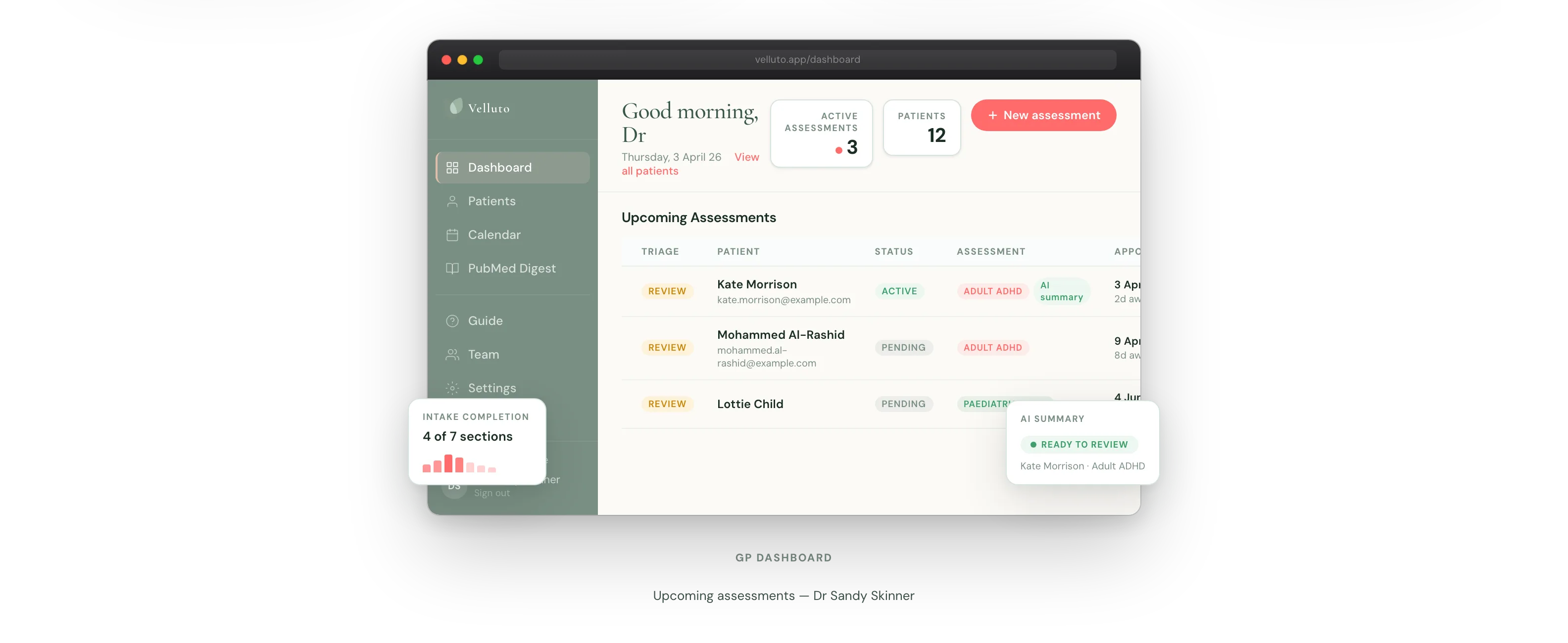 GP dashboard in Velluto showing active assessments and readiness status before consultation
