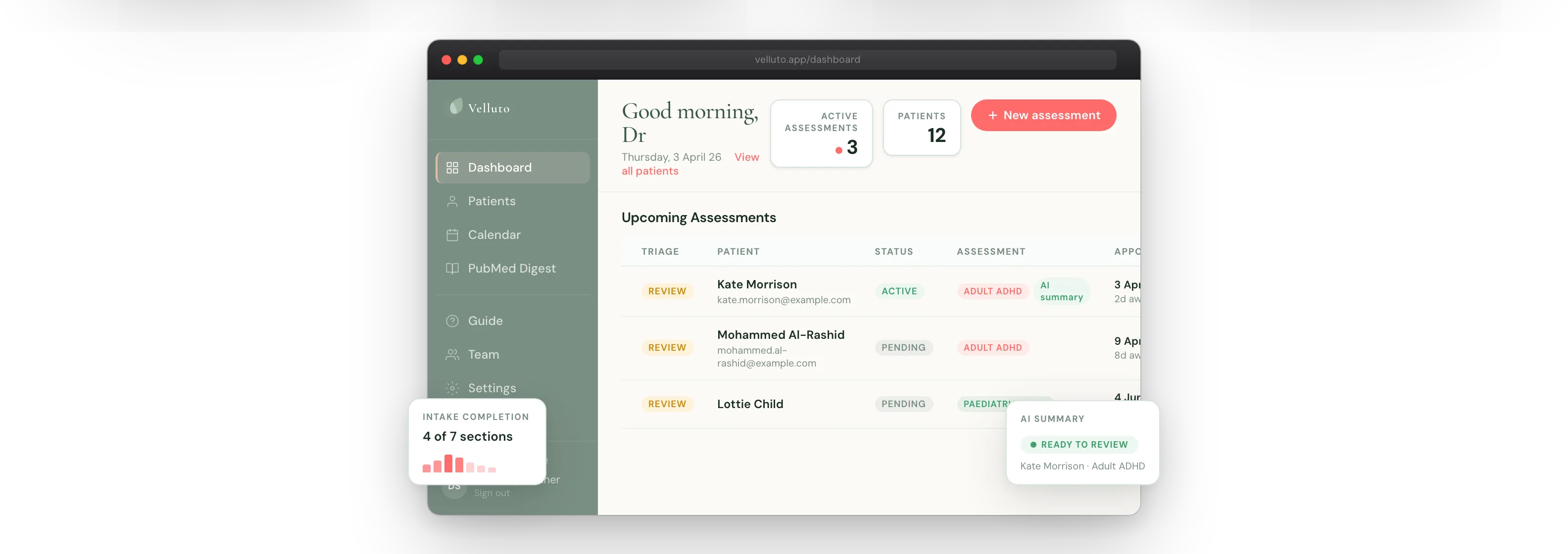 GP dashboard listing active Velluto assessments with response validity flags surfaced per patient