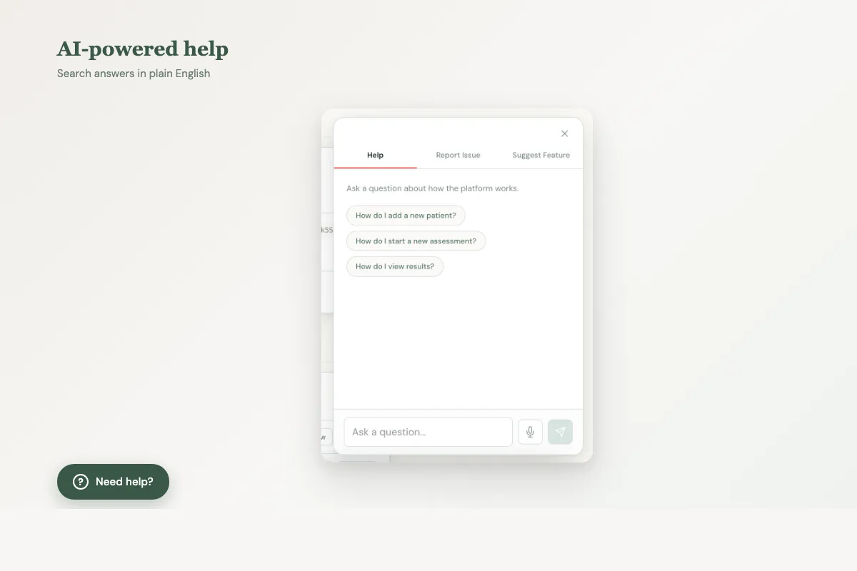 Velluto in-app help centre with AI-powered search and Need Help button