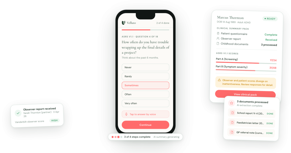 Velluto ADHD assessment platform showing patient questionnaire on mobile and GP clinical dashboard