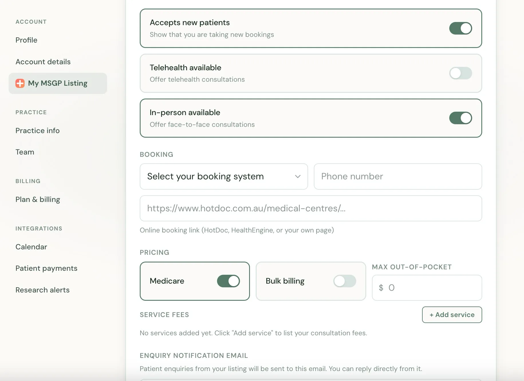 Velluto MSGP listing settings showing telehealth, booking system, and pricing configuration