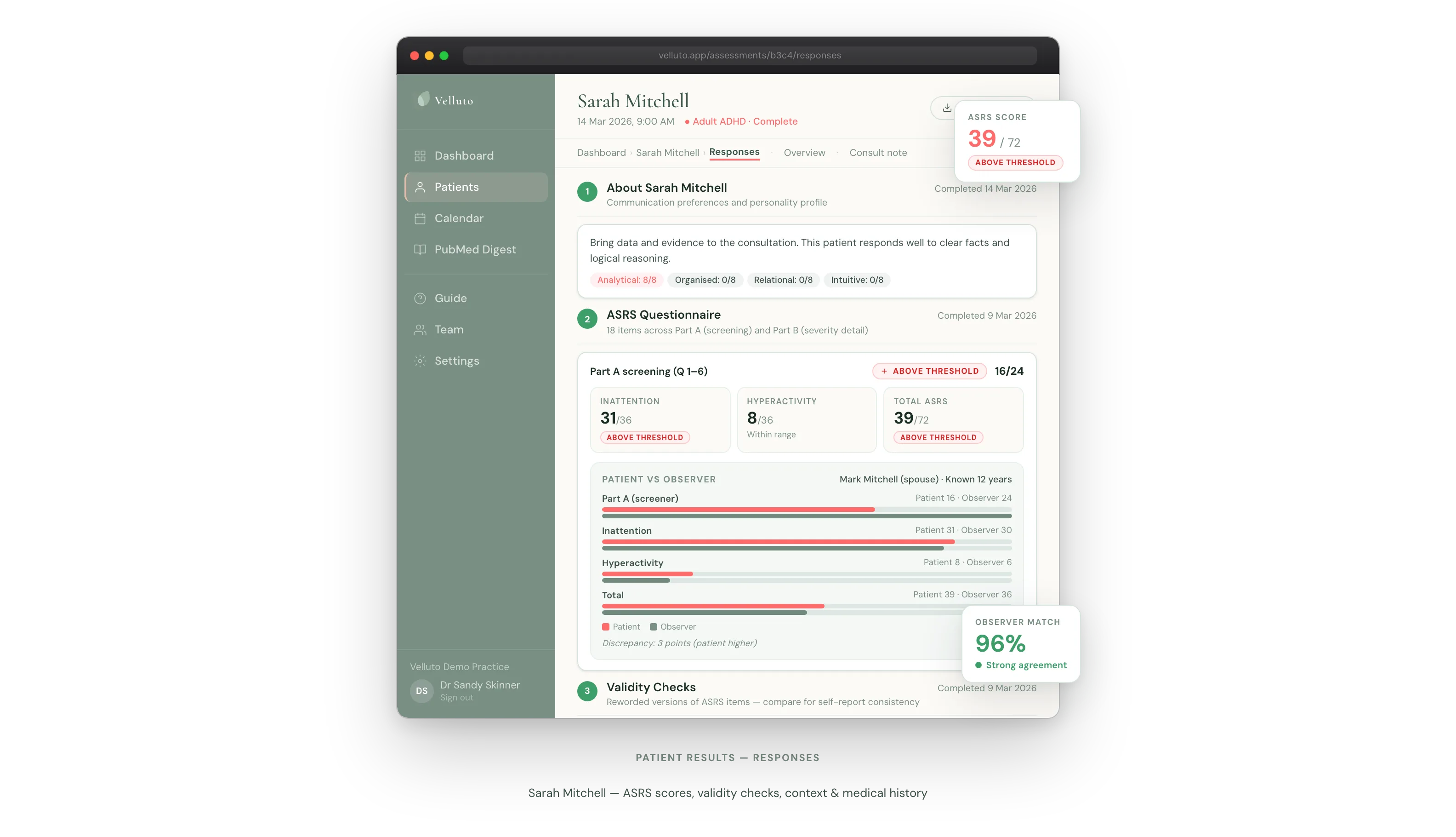 Velluto assessment results showing ASRS scores, observer scores, and subscale breakdown for a single patient
