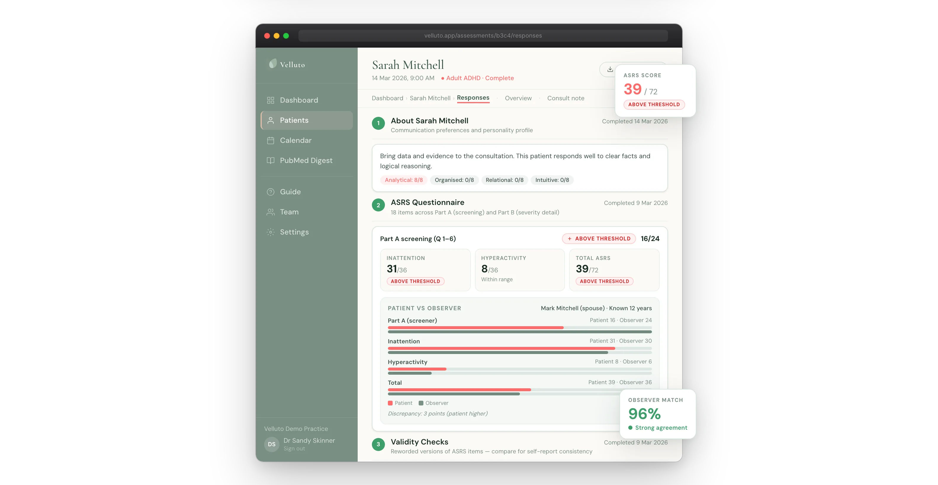Velluto patient assessment results with scored questionnaires and response validity indicators visible to the GP