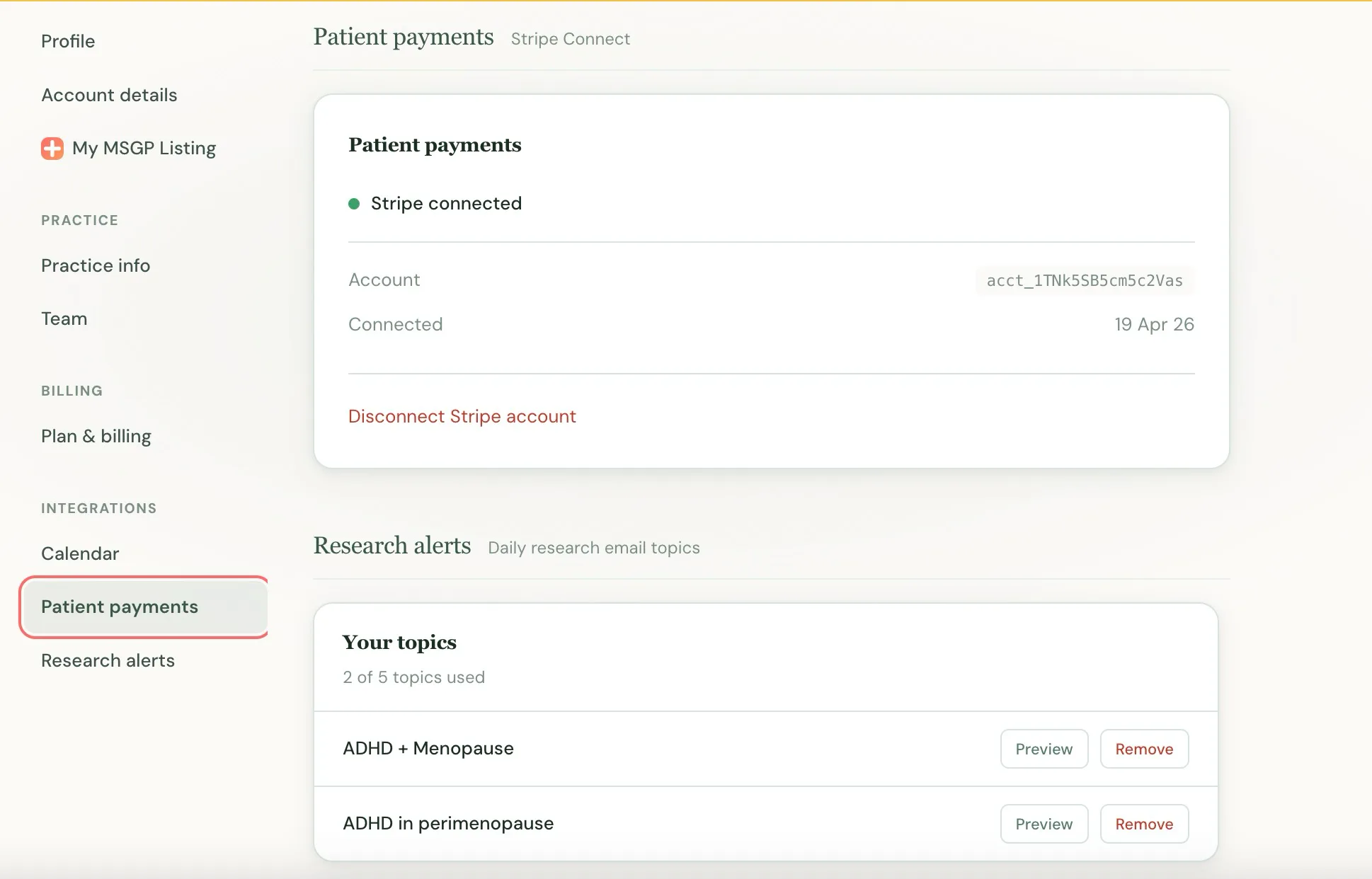 Velluto patient payments settings showing Stripe connected status