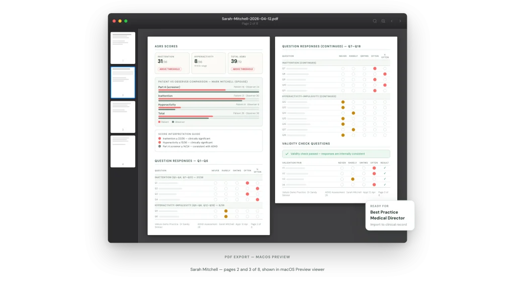 Velluto clinical summary PDF export, ready to attach to Best Practice or download for consultation