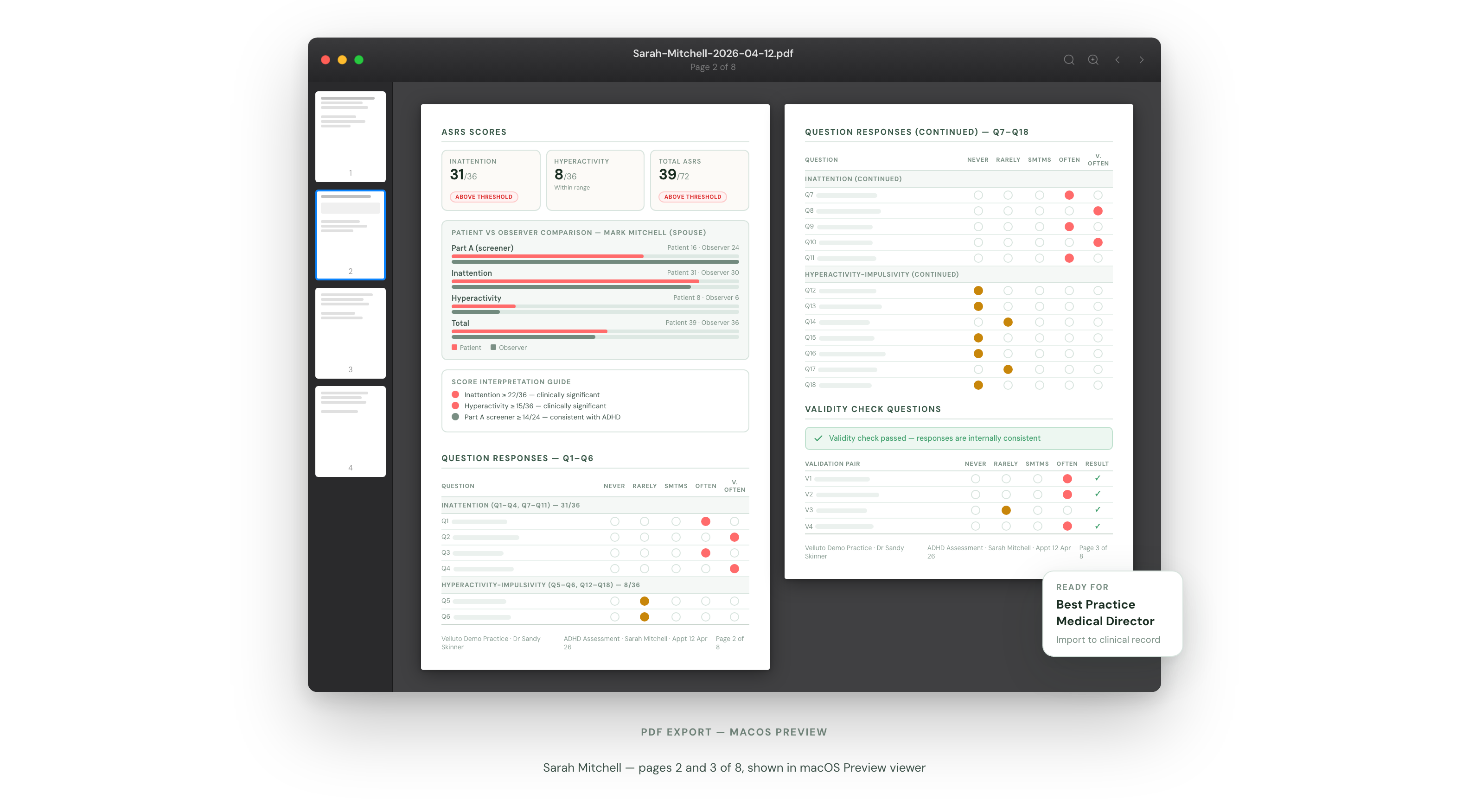 Velluto PDF export showing formatted clinical summary pack ready for Best Practice or Medical Director