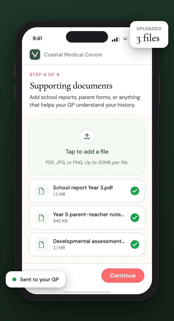 Velluto patient intake on mobile showing supporting documents upload for childhood evidence