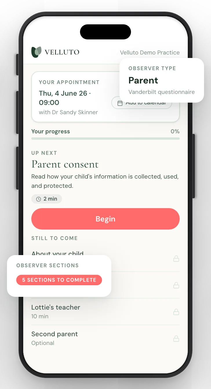 Observer completing an independent ADHD questionnaire on their own phone, sent directly by Velluto