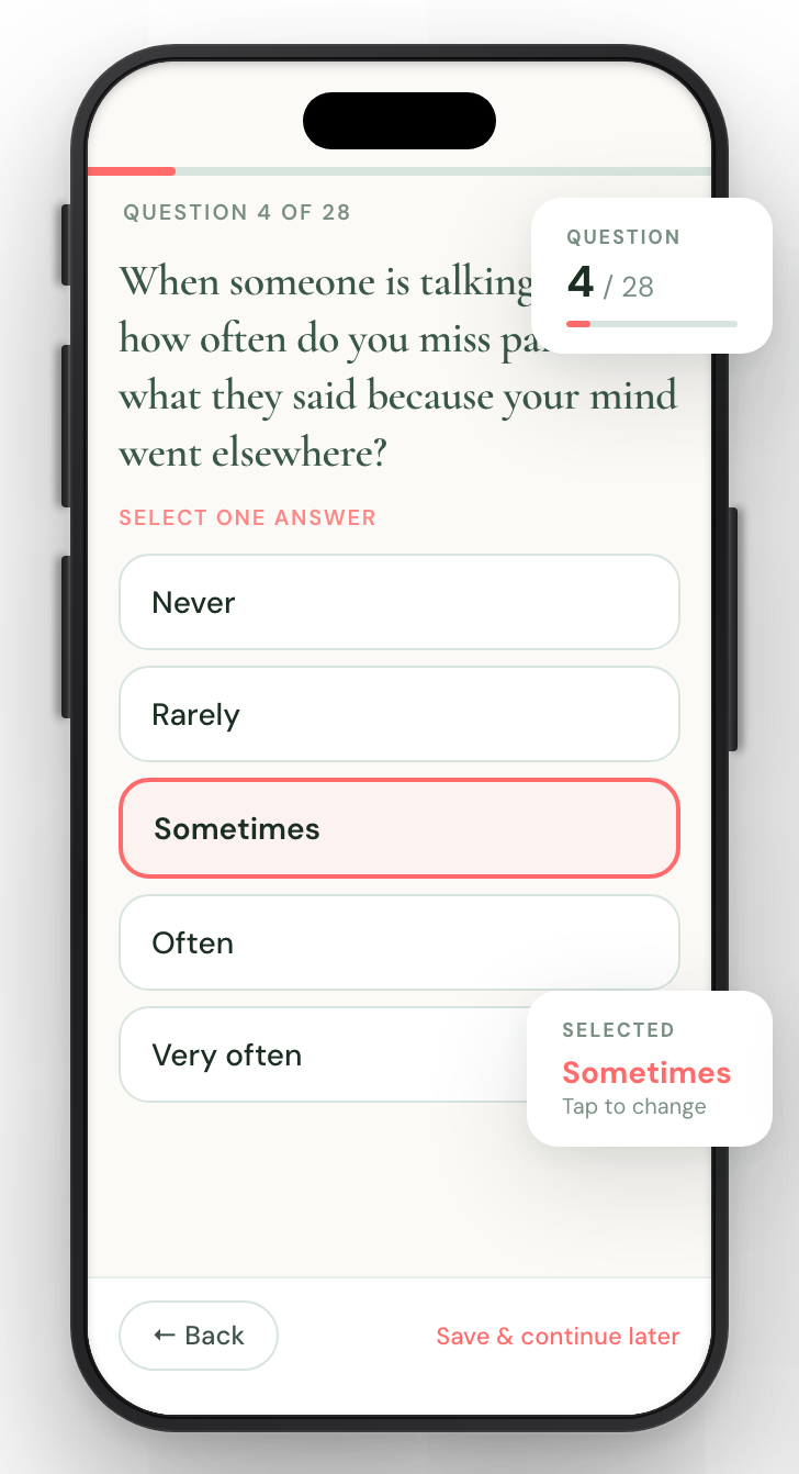 ADHD questionnaire on mobile showing question with answer options